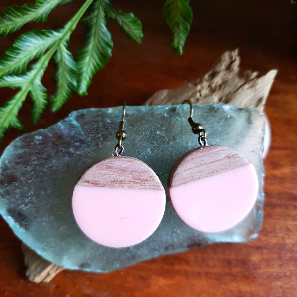 Handmade Dreamy Cotton Candy Pink Resin & Wood Round Earrings